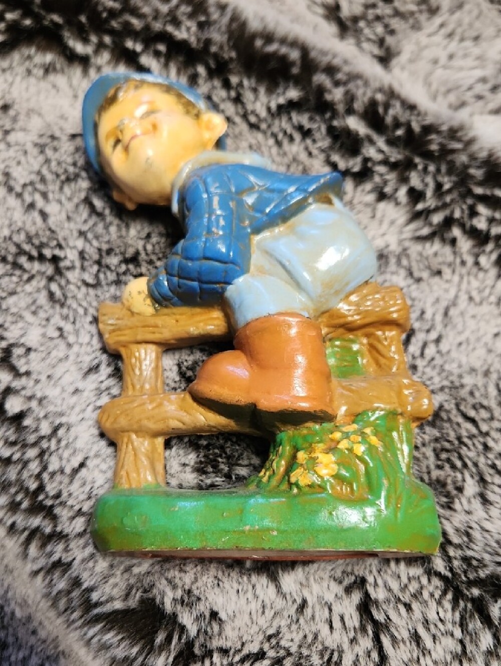Vintage Green Ceramic Boy Figurine with Blue Jacket